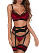 Red velvet garter lingerie set with black satin trim and adjustable straps.