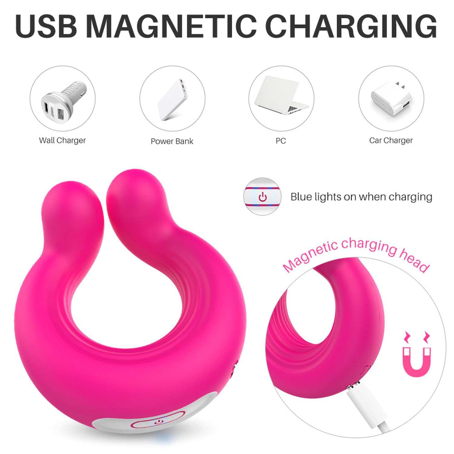 Invisible wearable penis ring with USB magnetic charging and silicone body.