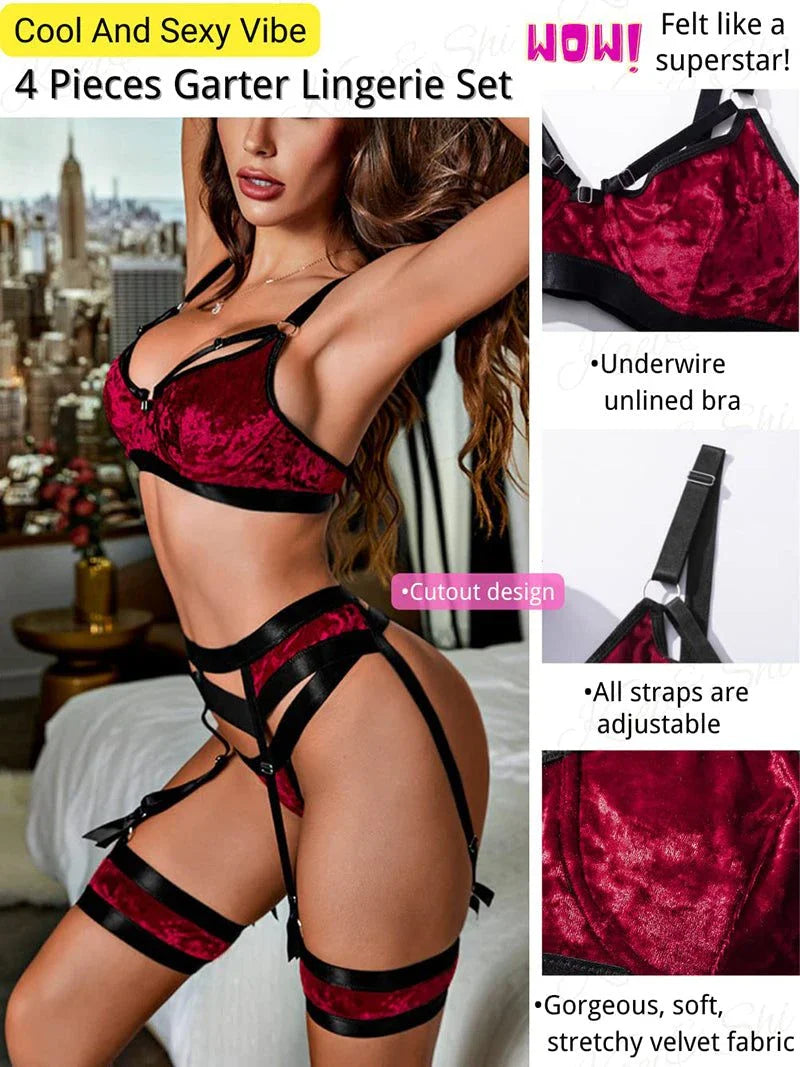 Sexy red velvet garter lingerie set with black satin trim, featuring an underwired bra, adjustable straps, and detachable garters.