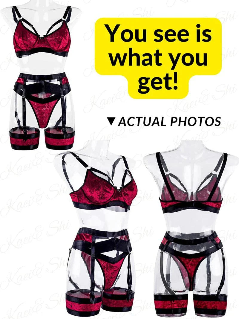 Sexy red velvet garter lingerie set for women with matching bra, garter belt, and thong.