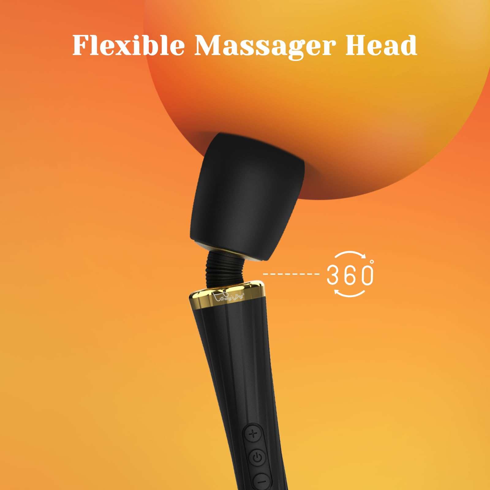 Flexible massager head of Tracy's Dog Wand Vibrator Kit with 360-degree rotation, cordless design.