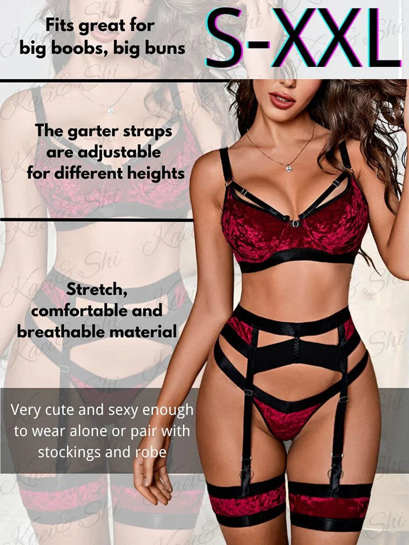 Sexy lace garter lingerie set for women in deep red velvet with black satin trim, adjustable straps, and detachable garters.