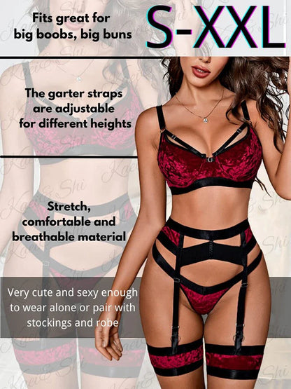 Sexy lace garter lingerie set for women in deep red velvet with black satin trim, adjustable straps, and detachable garters.