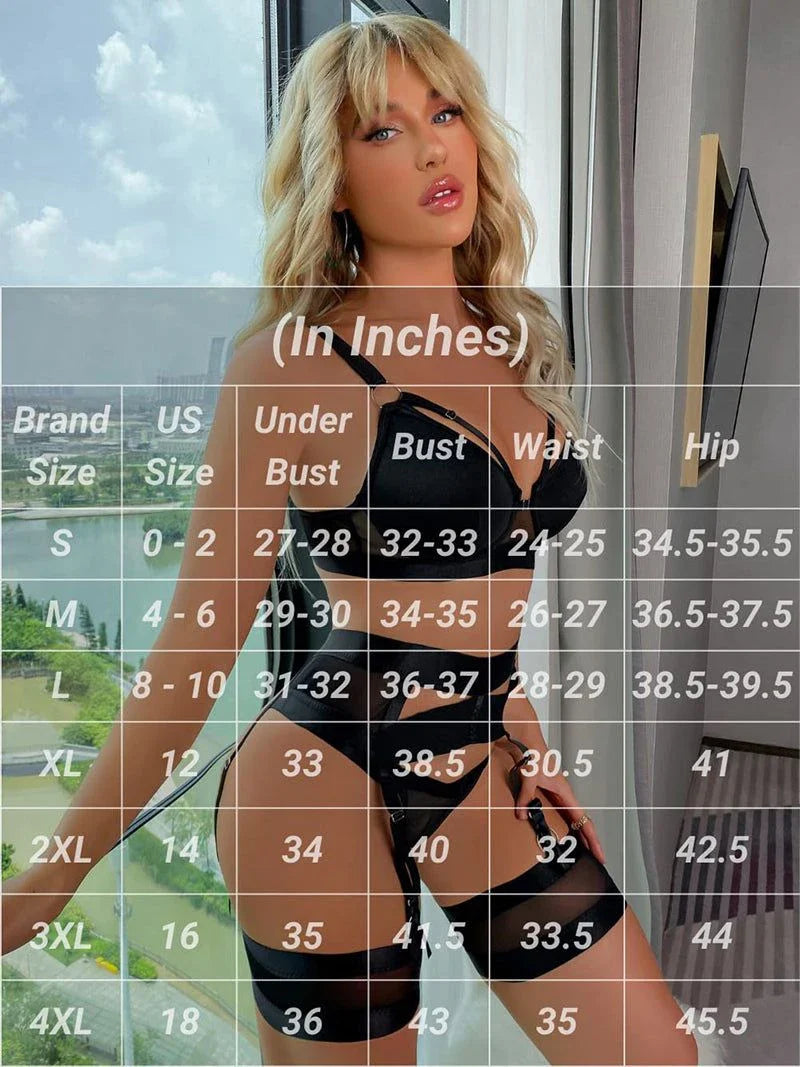 Sexy black garter lingerie set for women with size chart in inches.