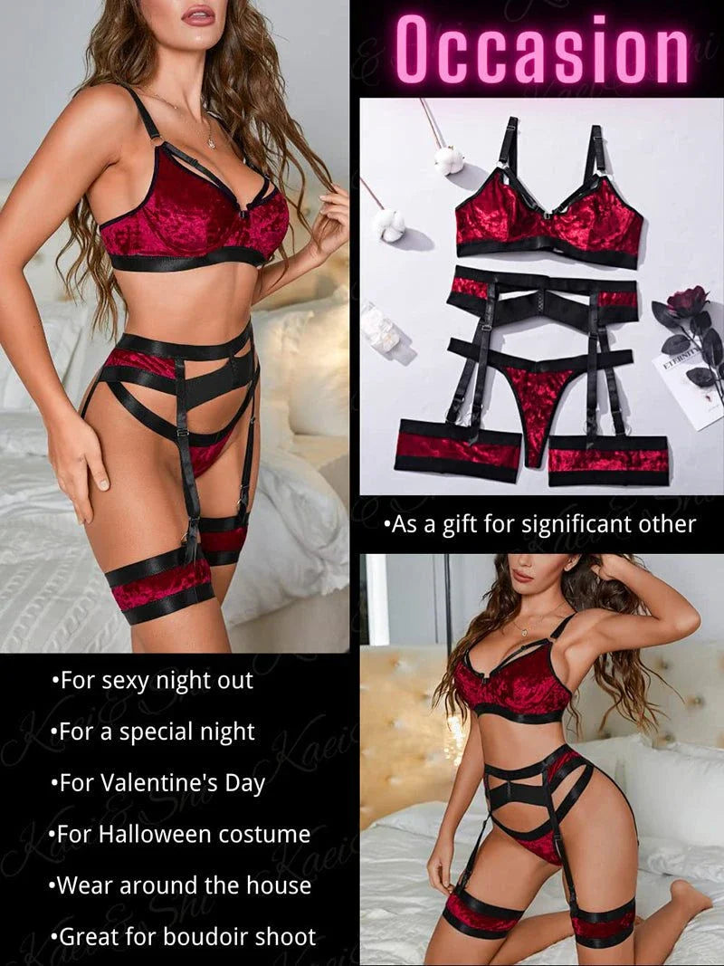Red velvet garter lingerie set for women with lace, matching 4-piece sheer design.