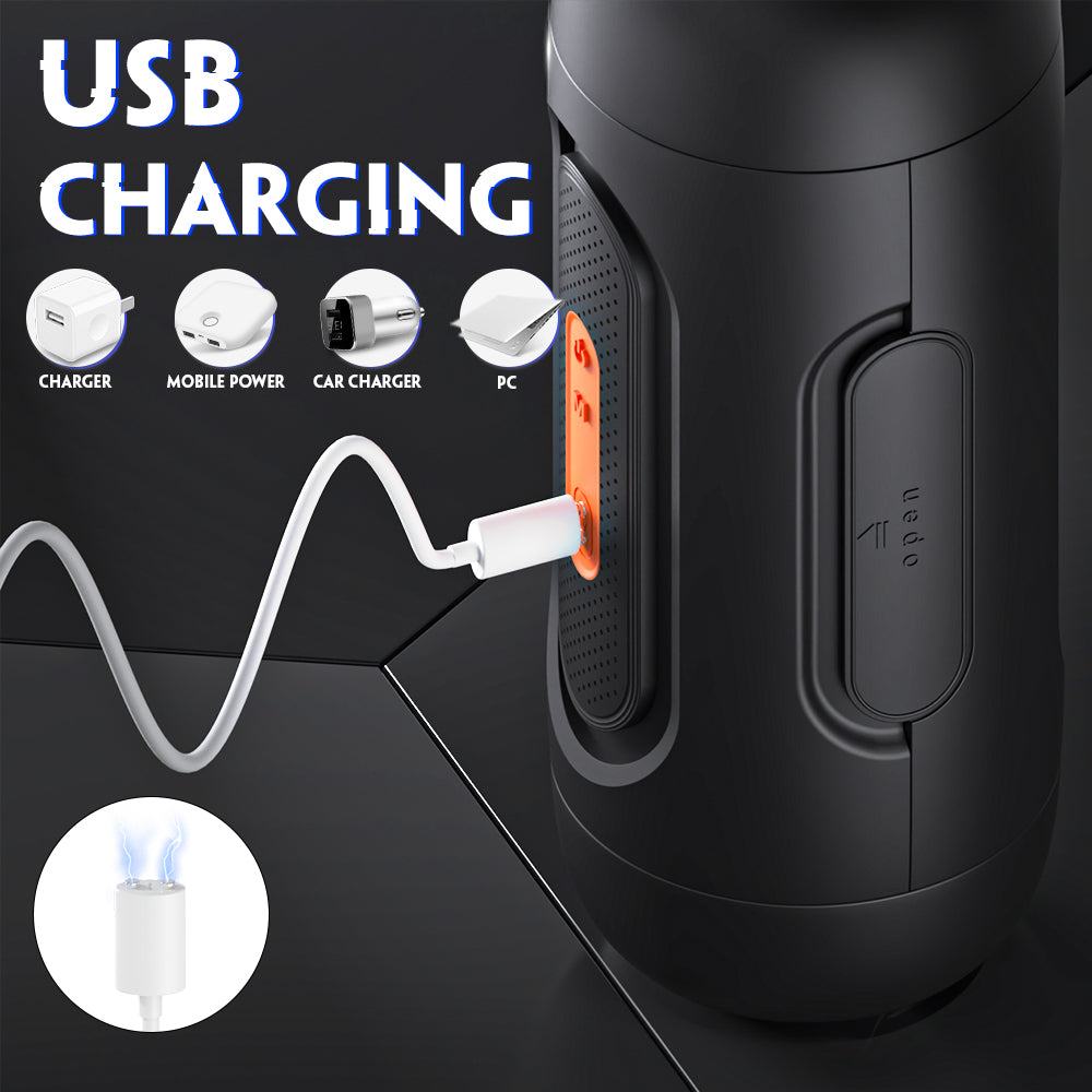 Suction vibrating male masturbator with USB charging and multi-motor vibrations.