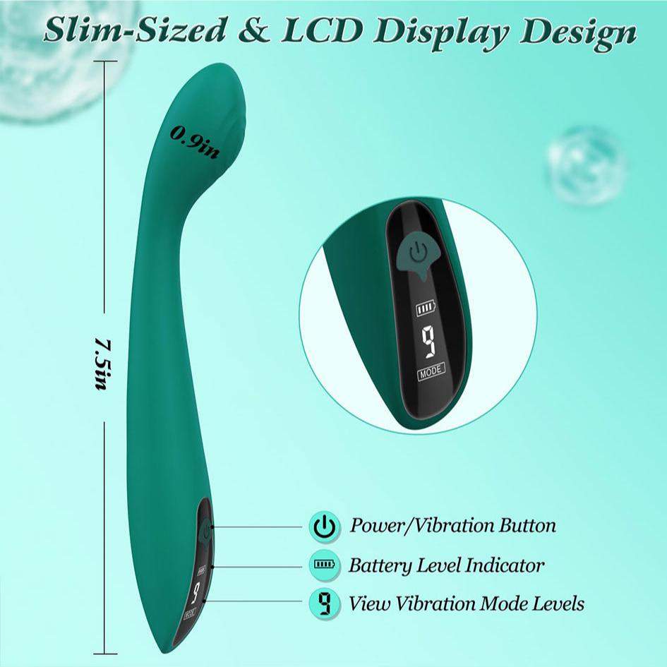 Slim-sized G Spot vibrator with LCD display showing battery level and vibration mode settings, 7.5 inches long, green color.