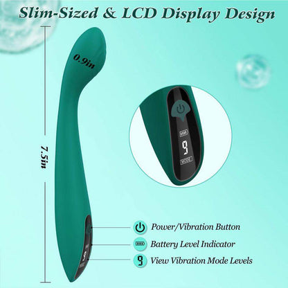Slim-sized G Spot vibrator with LCD display showing battery level and vibration mode settings, 7.5 inches long, green color.