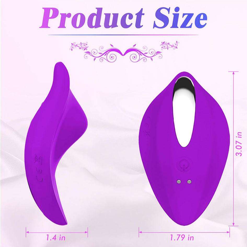 Purple wearable panty vibrator, ergonomic design, waterproof, rechargeable, product dimensions displayed.