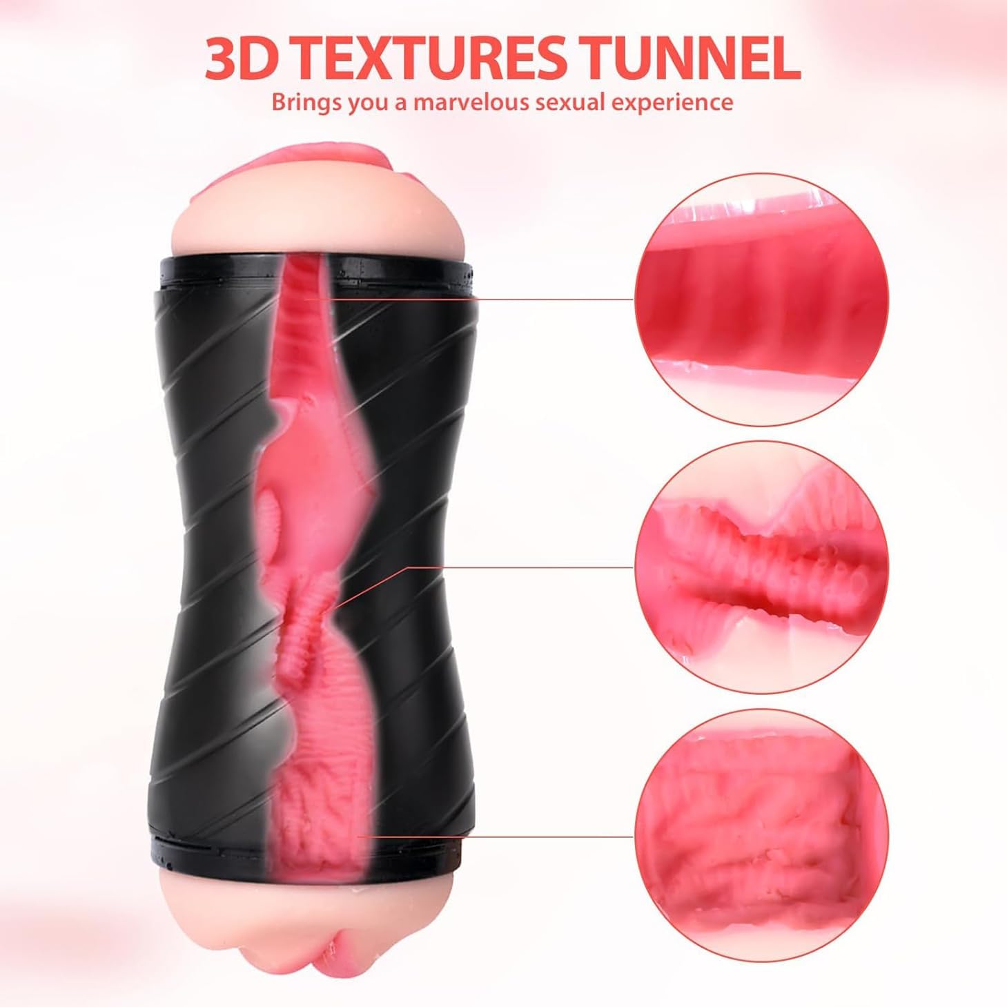 Realistic channel texture men's masturbator with 3D textured tunnel for enhanced stimulation.
