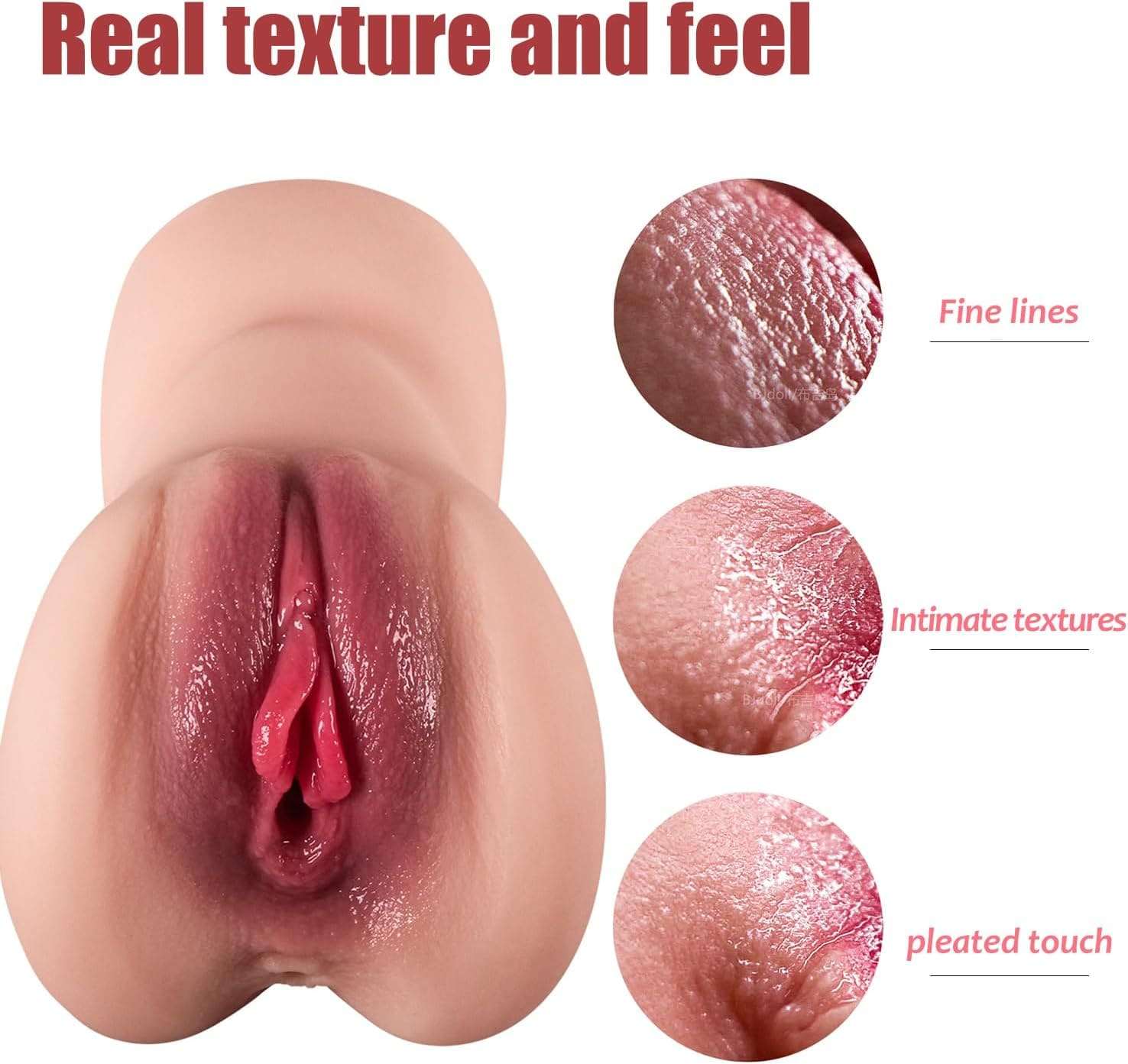 Realistic texture of 2 in 1 pocket cup toy for men, featuring intimate textures and fine lines.