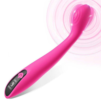 Pink G Spot vibrator with finger-like design, LCD display, and waterproof silicone material.