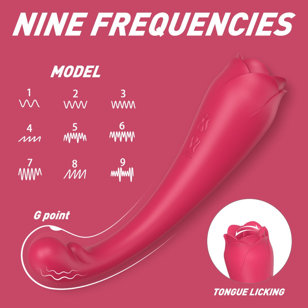 Flower-shaped clitoral and G-spot licking dildo with nine frequencies and lifelike texture.