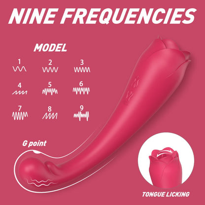Flower-shaped clitoral and G-spot licking dildo with nine frequencies and lifelike texture.