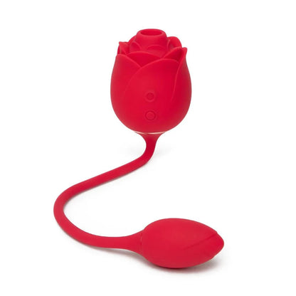 2-in-1 red clitoral suction stimulator with egg vibrator featuring multiple vibration and suction functions.