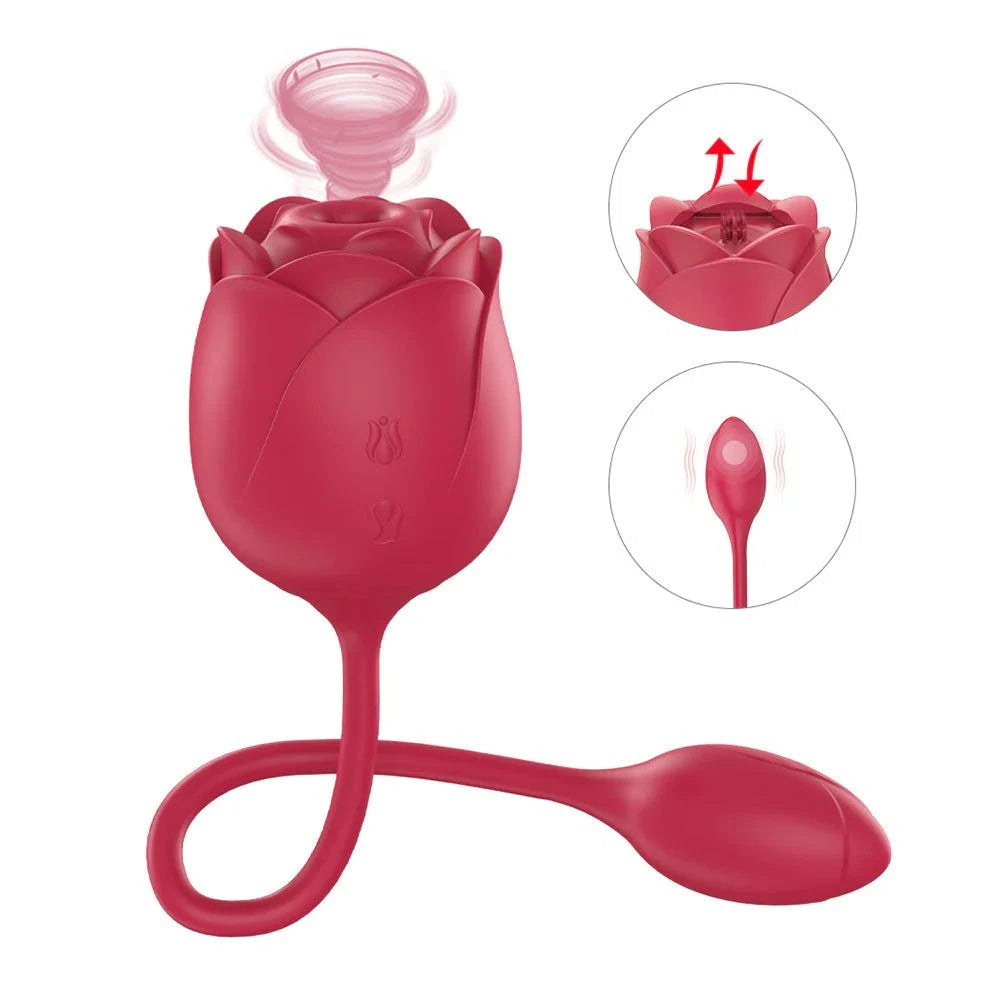 2-in-1 clitoral suction stimulator and egg vibrator with rose design and vibration functions.