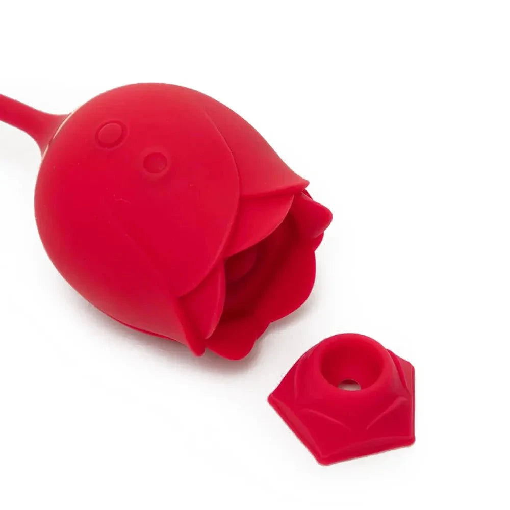 2-in-1 clitoral suction stimulator with egg vibrator in red, featuring multiple vibe and suction functions.