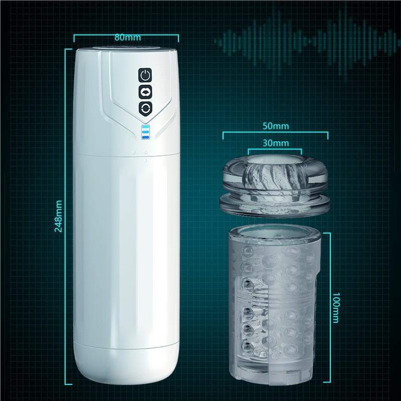 2-in-1 sucking male masturbator with transparent design and detachable parts.