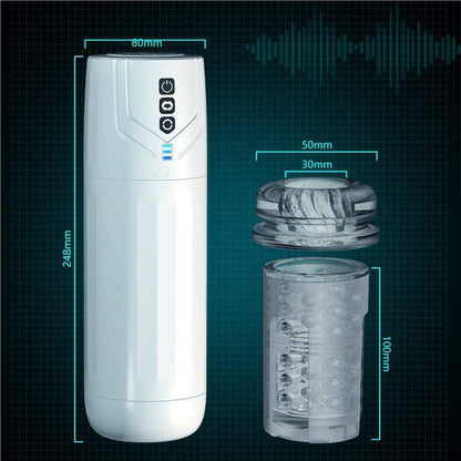2-in-1 sucking male masturbator with transparent design and detachable parts.