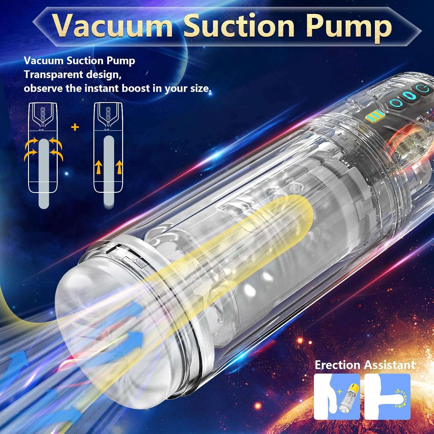 2-in-1 sucking male masturbator with transparent pump, visible pocket pussy design.