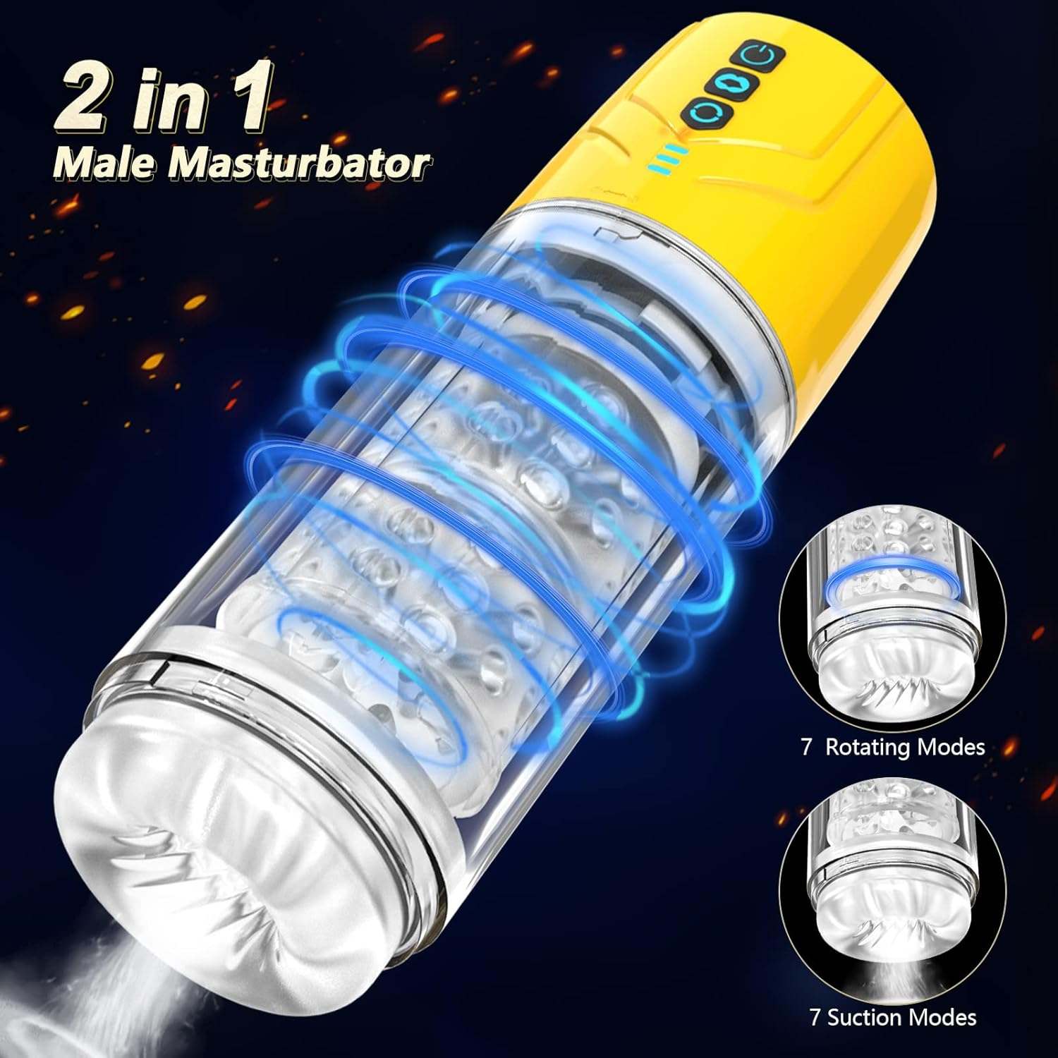 2-in-1 sucking male masturbator with transparent design, featuring 7 rotation and suction modes.