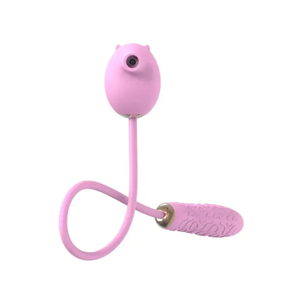 2-in-1 Peppy Pig vibrator with clitoral suction and thrusting functionality in pink.