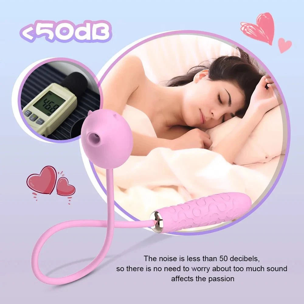 2-in-1 Peppy Pig clitoral suction and thrusting vibrator, pink color, depicted near a sleeping woman with noise level under 50 decibels.