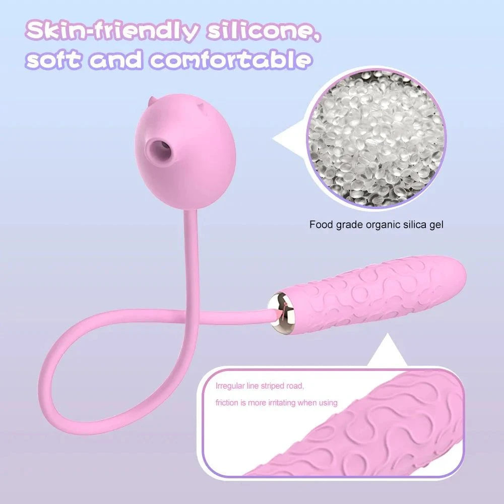 Skin-friendly silicone 2-in-1 Peppy Pig vibrator with clitoral suction and thrusting features.