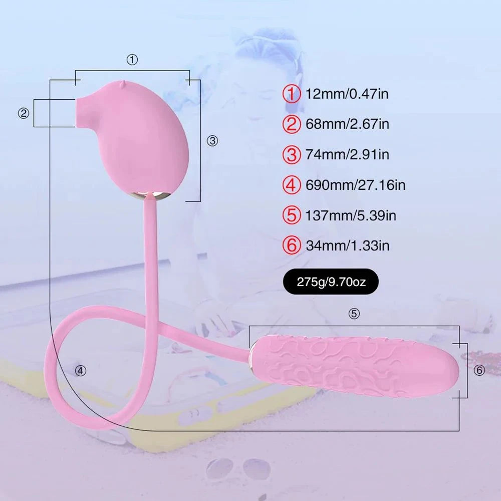 2-in-1 Peppy Pig clitoral suction and thrusting vibrator with multiple modes and waterproof design.