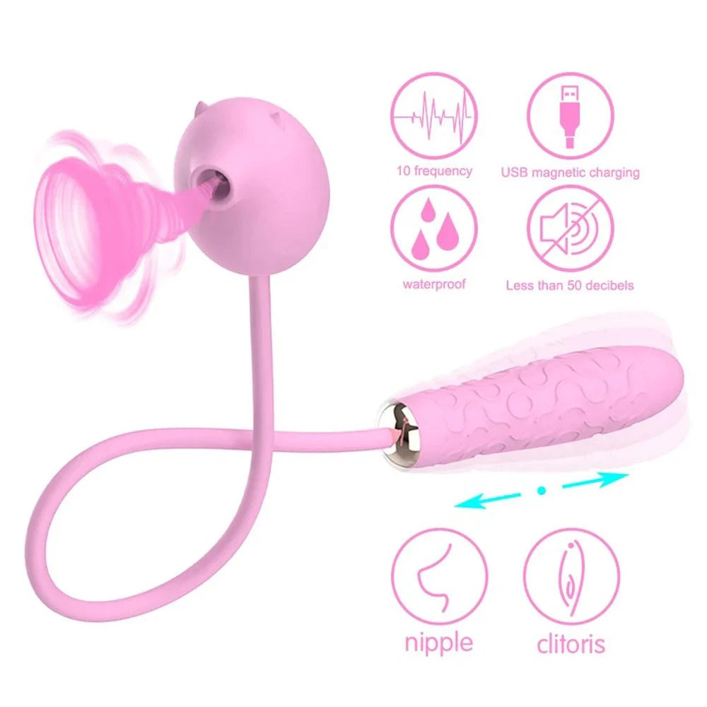 2-in-1 Peppy Pig clitoral suction and thrusting vibrator with diverse stimulation options, waterproof design, and multiple modes.