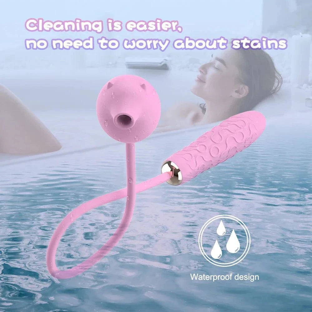 2-in-1 Peppy Pig clitoral suction and thrusting vibrator, waterproof design, pink color.