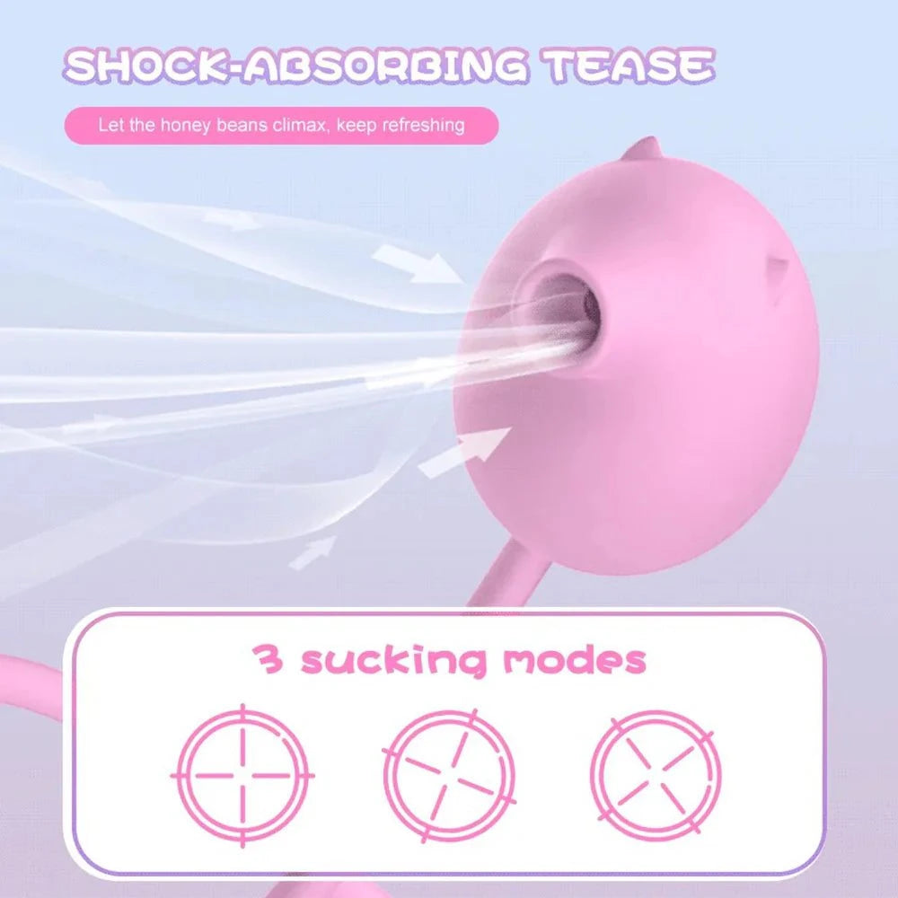 2-in-1 Peppy Pig pink clitoral suction & thrusting vibrator with 3 sucking modes illustration.