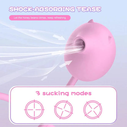 2-in-1 Peppy Pig pink clitoral suction & thrusting vibrator with 3 sucking modes illustration.