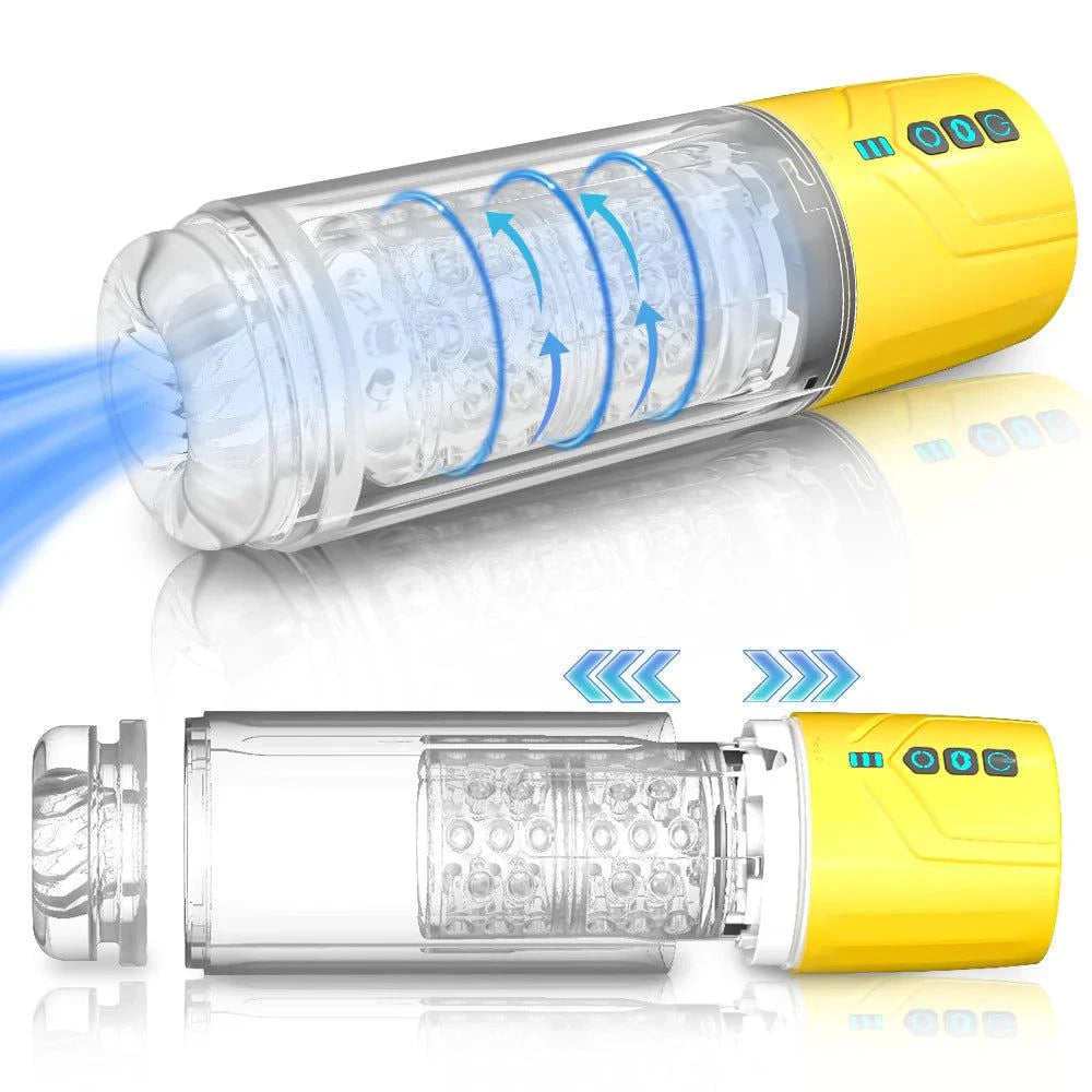 2-in-1 transparent sucking male masturbator with visible pump and detachable design.