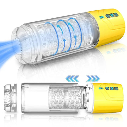 2-in-1 transparent sucking male masturbator with visible pump and detachable design.