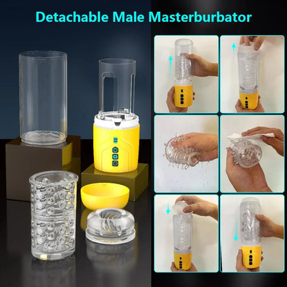 Detachable male masturbator with transparent pump, showcasing components and usage steps.