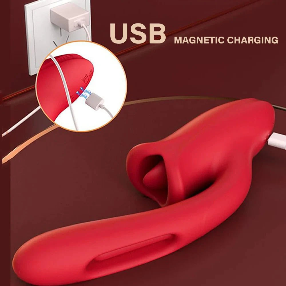 USB rechargeable G-Spot vibrator with tongue licking, vibrating, and flapping functions for female pleasure, featuring body-safe silicone and waterproof design.