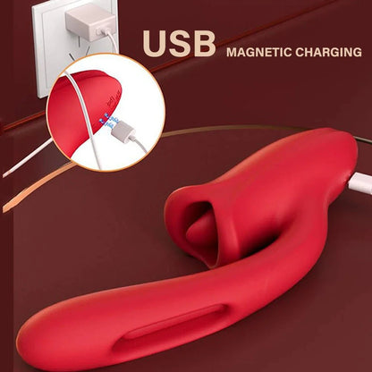 USB rechargeable G-Spot vibrator with tongue licking, vibrating, and flapping functions for female pleasure, featuring body-safe silicone and waterproof design.