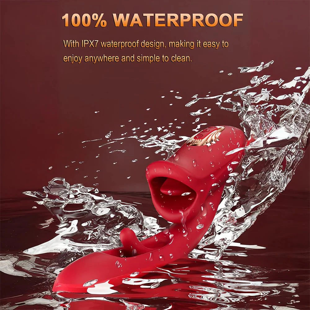 Waterproof G-spot vibrator with tongue licking, vibrating, and flapping functions in water splashes.