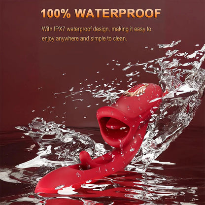 Waterproof G-spot vibrator with tongue licking, vibrating, and flapping functions in water splashes.
