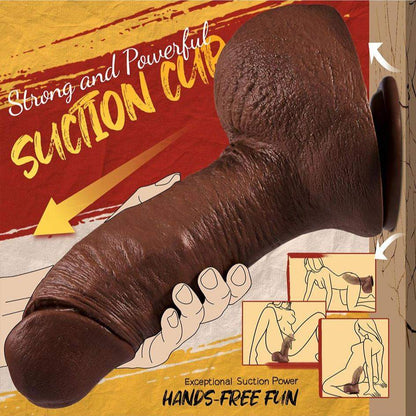 2.45" diameter thick black dildo with strong suction cup for hands-free use.