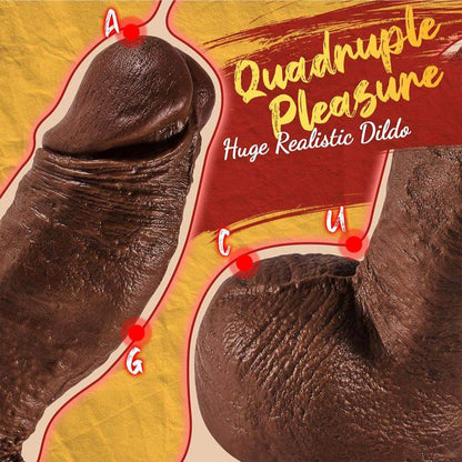 2.45" diameter thick black dildo with lifelike texture and quadruple pleasure design for G, C, U, and A spots.