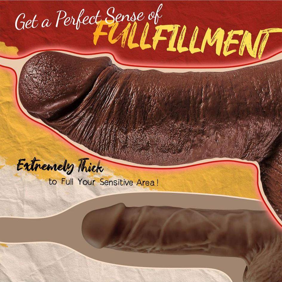 2.45" diameter thick black dildo with lifelike texture and strong suction cup for enhanced pleasure.