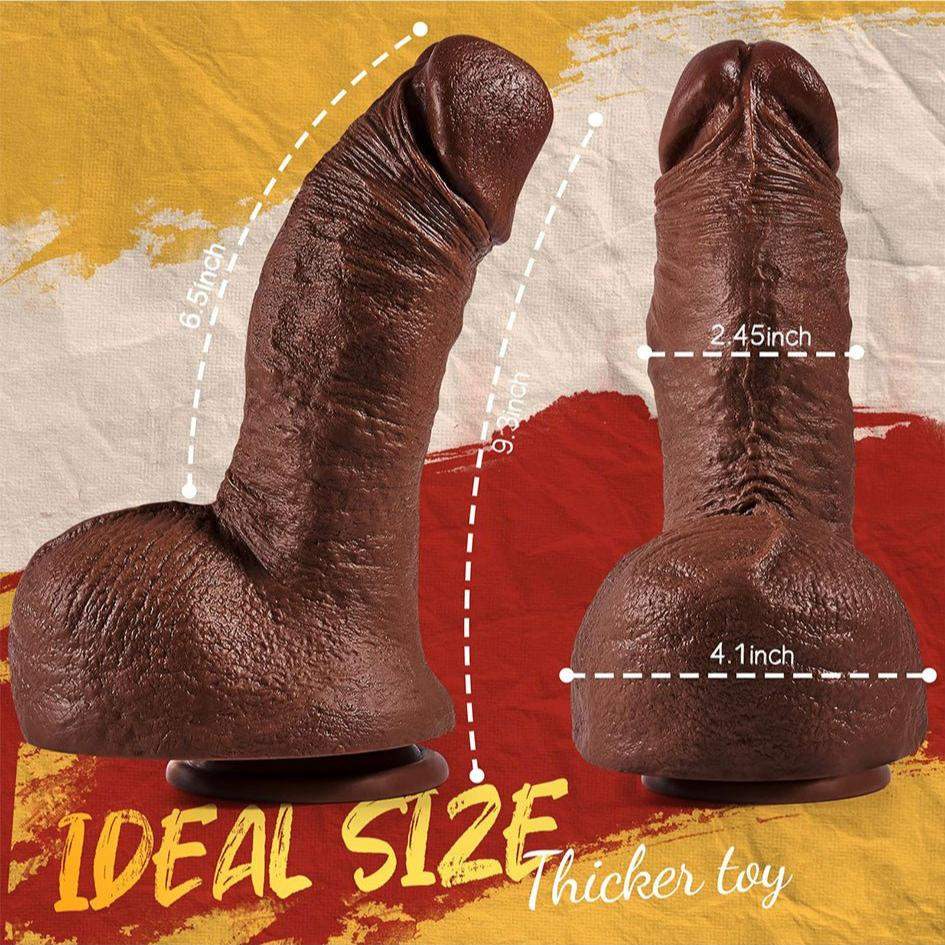 2.45" diameter thick black dildo with realistic design and strong suction cup for hands-free use, made of body-safe PVC material.
