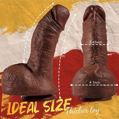 2.45" diameter thick black dildo with realistic design and strong suction cup for hands-free use, made of body-safe PVC material.