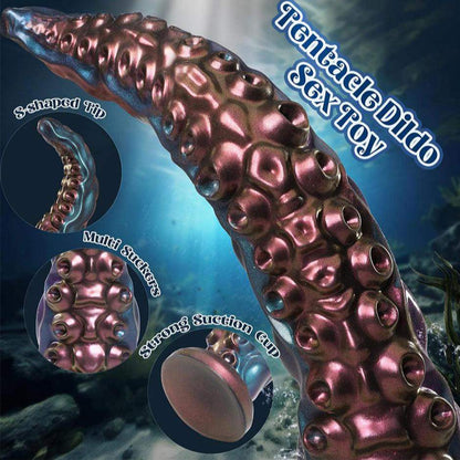 Tentacle dildo sex toy with realistic design, suction cup base, and textured details for depth training.