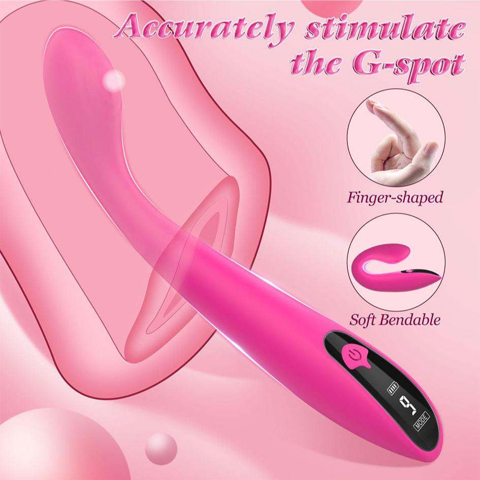 Pink G-spot vibrator with finger-shaped design and LCD display for accurate stimulation.