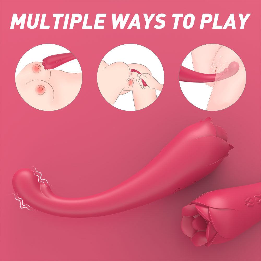 Clitoral and G-Spot licking dildo with flower-shaped design, textured veins, and velvety-smooth silicone.