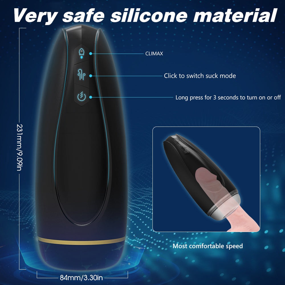 Blowmotion Suction Vibrating Male Masturbator with silicone material and custom settings.
