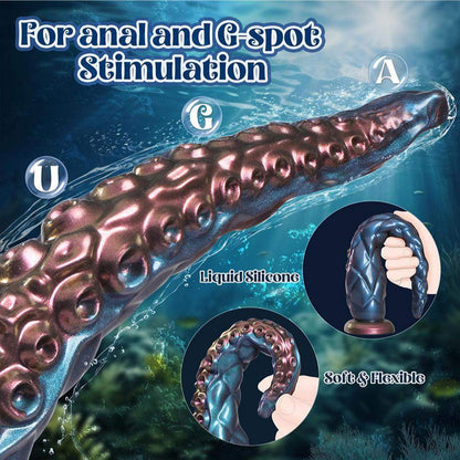 Realistic monster tentacle dildo for G-spot stimulation with suction cup and silicone material.
